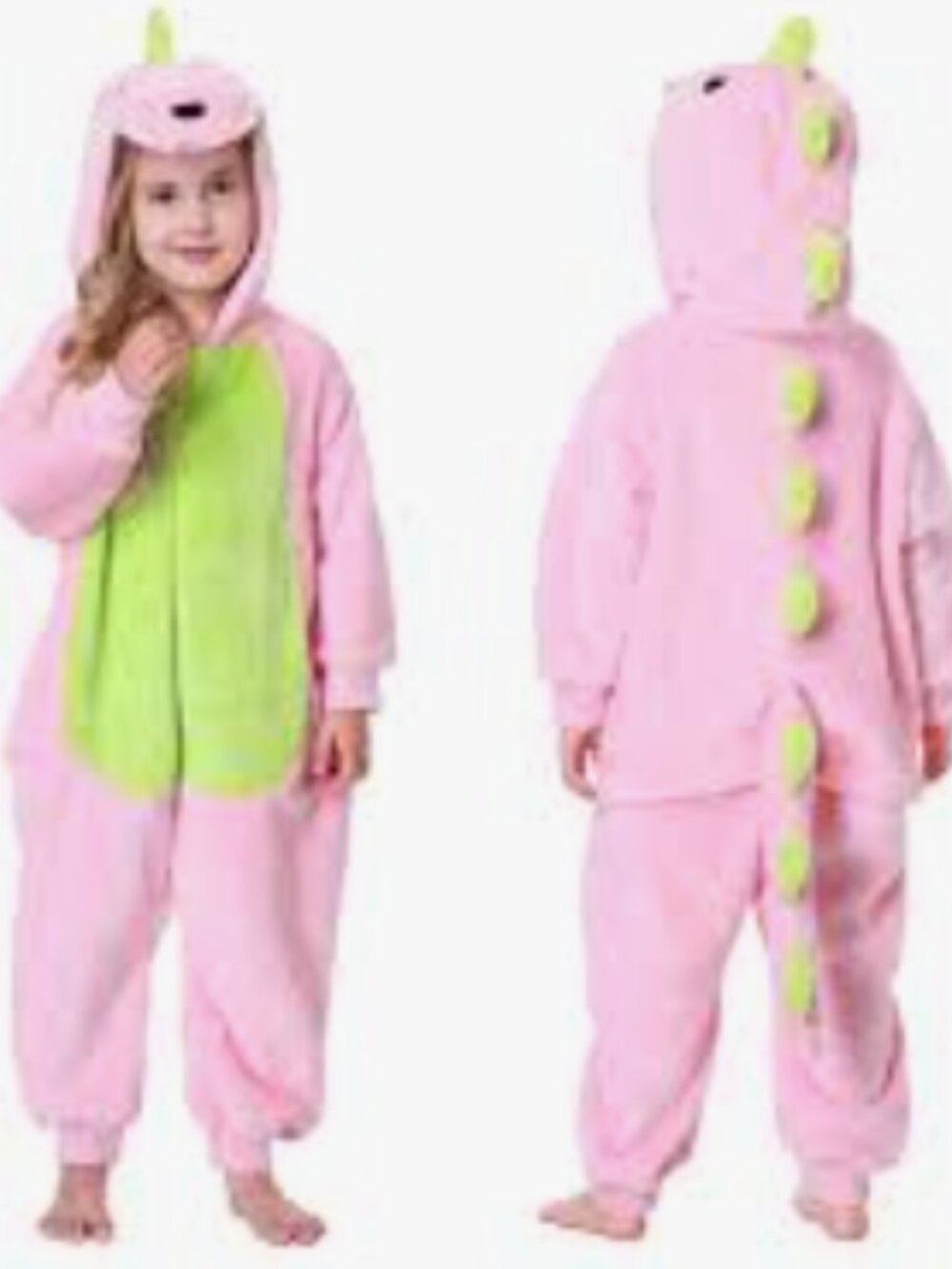 Kids Pink Green Dinosaur Dragon Hooded Onesie Costume Size 6 (120/60)